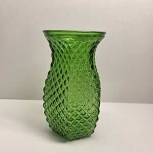 Hoosier Green Glass Small Vase 5.5" x 3.5" Diamond Point Hobnail Hexagon 4071